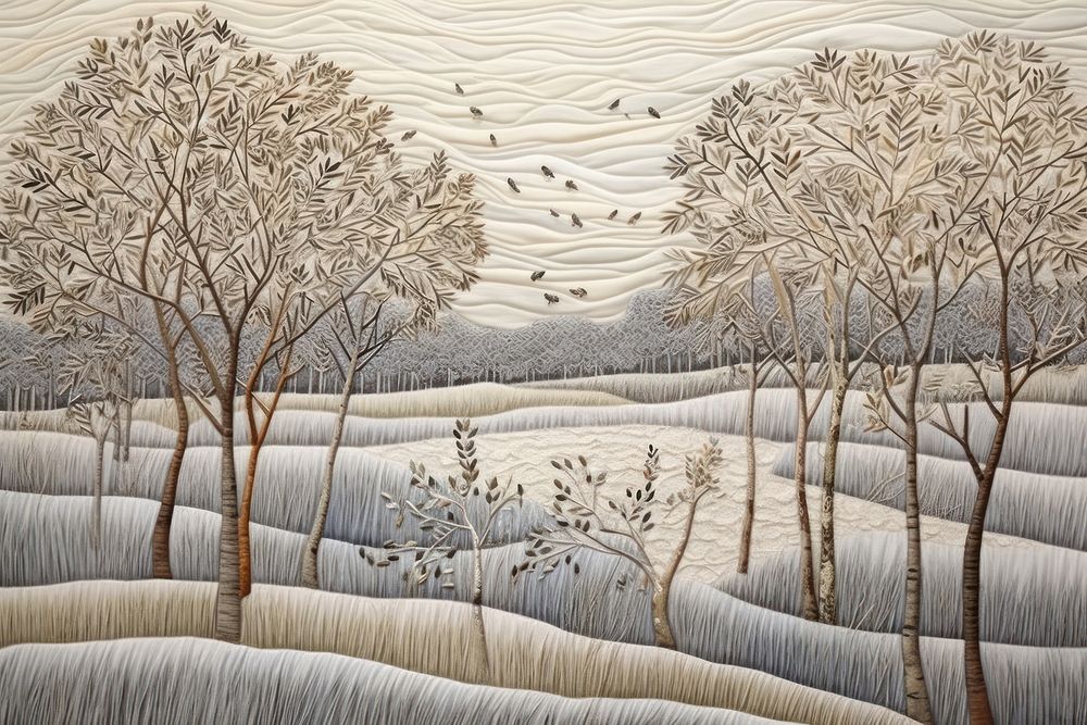 Embroidery of winter landscape outdoors drawing sketch.