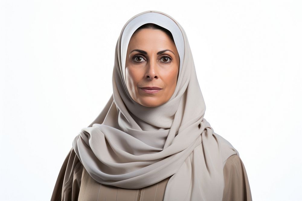 Emirati middle aged woman portrait fashion scarf.