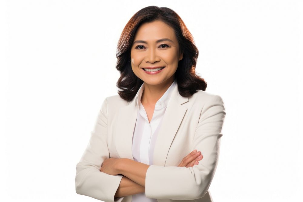 Filipina business woman middleaged adult smile white background.