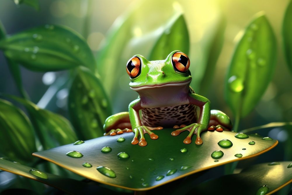 Frog on leaf green background amphibian wildlife animal.