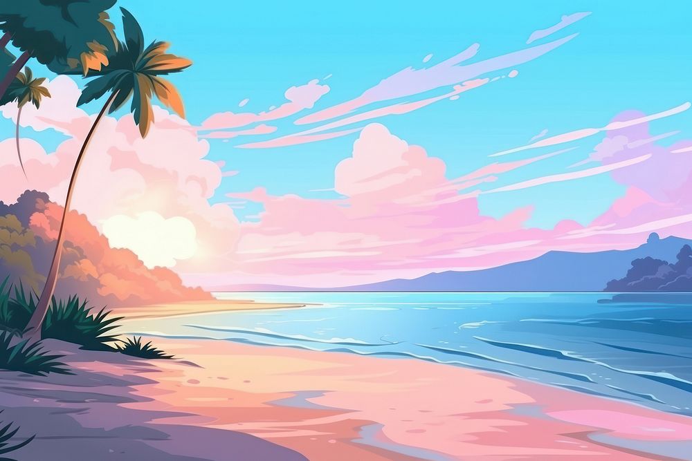 Beach landscape anime shoreline.