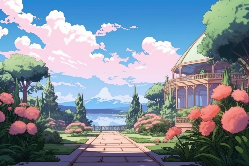 Garden landscape anime architecture.