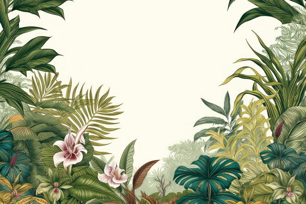 Toile with tropical leaves border land vegetation outdoors.