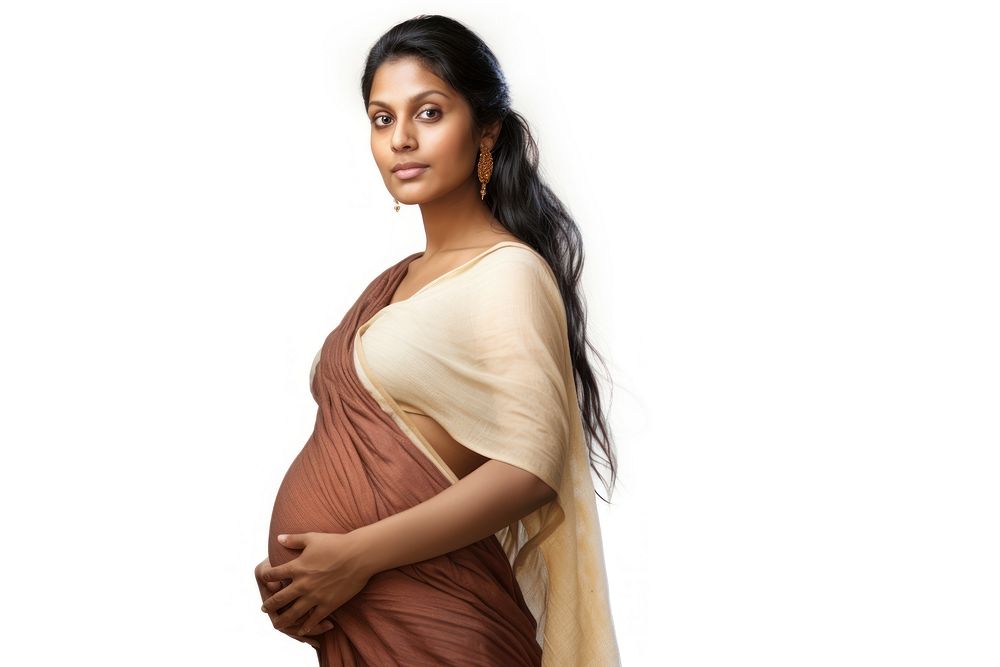 Indian woman pregnant portrait adult white background.