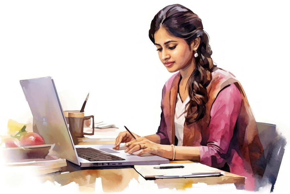 Indian working business woman watercolor computer laptop adult.