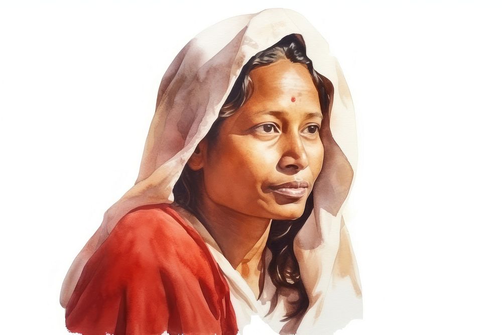 Middle aged bangladeshi woman watercolor portrait photography headscarf.