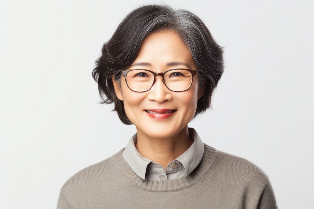Middle aged chinese woman portrait glasses sweater.