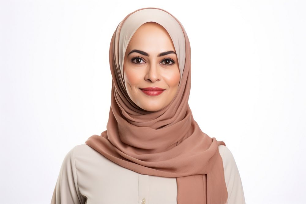 Middle aged east asian woman portrait scarf smile.