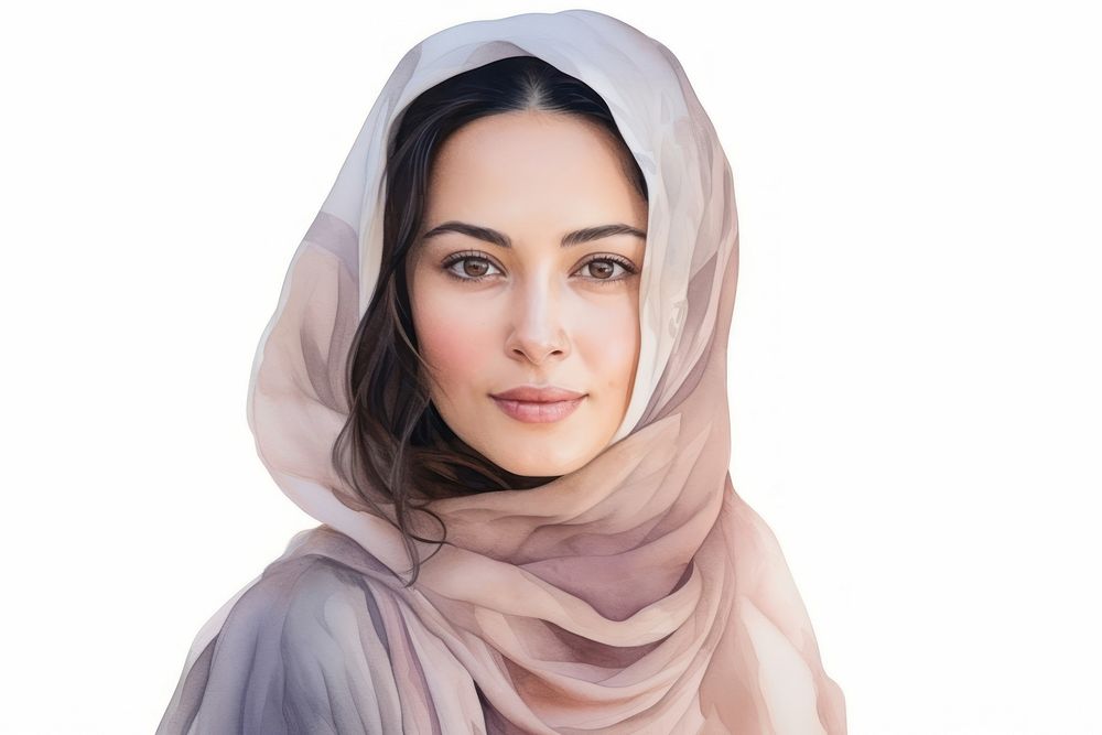 Middle aged east asian woman watercolor portrait fashion scarf.