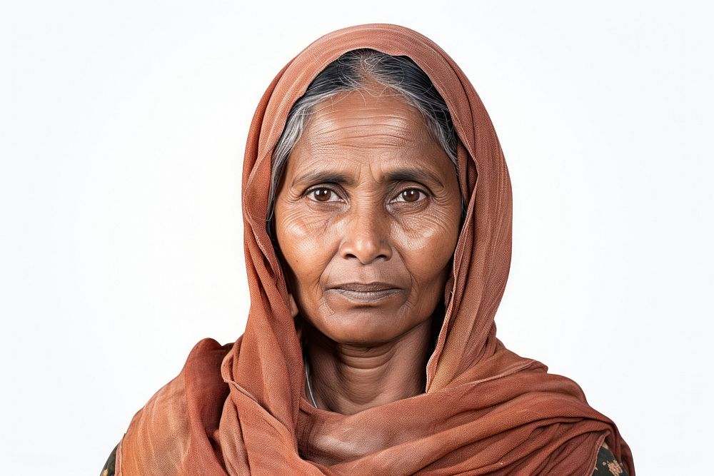 Middle aged indian woman portrait white background photography.