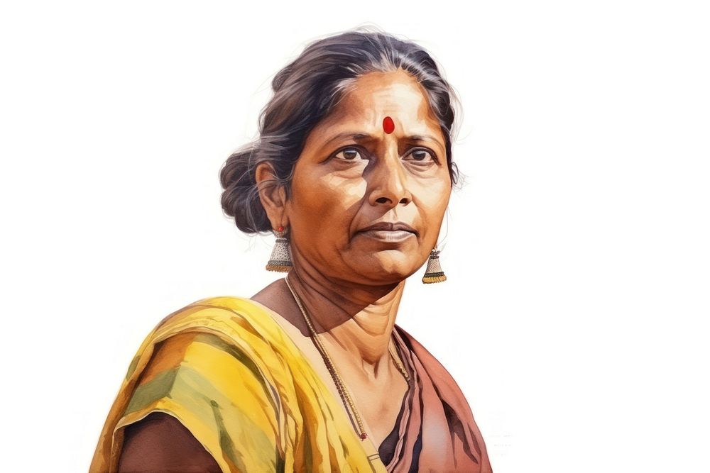 Middle aged indian woman watercolor portrait jewelry adult.
