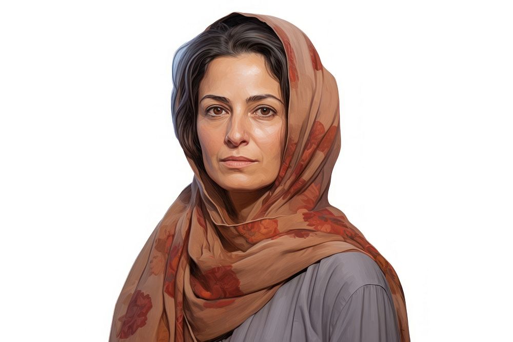 Middle aged iranian woman portrait scarf white background.
