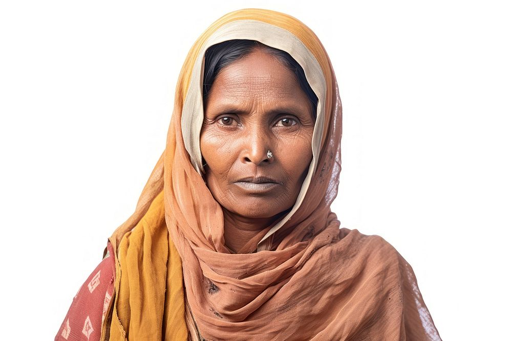 Middleaged bangladeshi woman portrait white background photography.