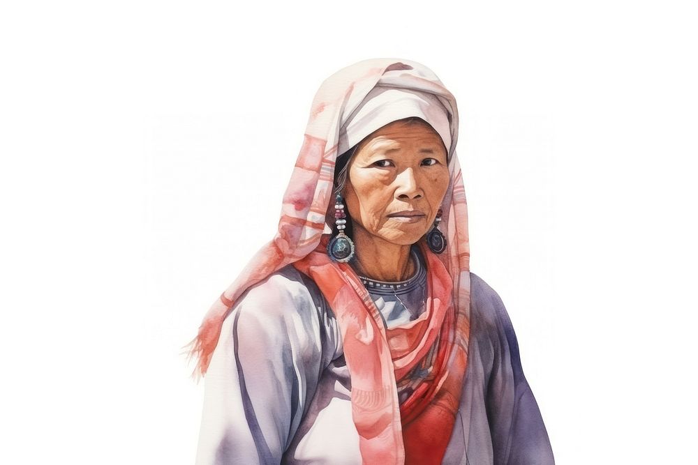 Middleaged thai woman watercolor portrait adult white background.