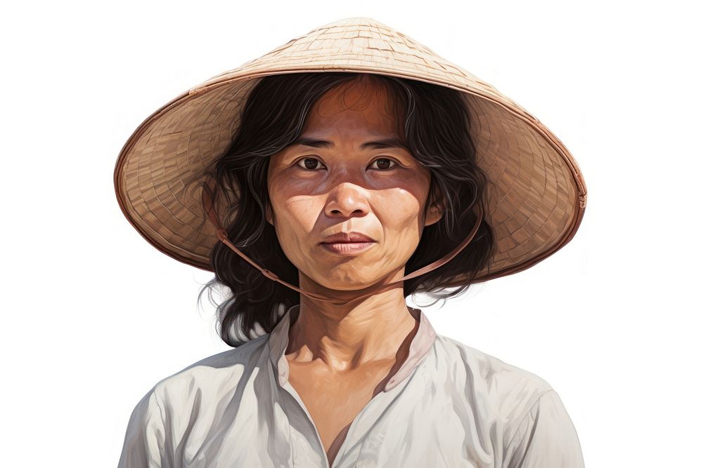 Middleaged vietnamese woman adult hairstyle sombrero.