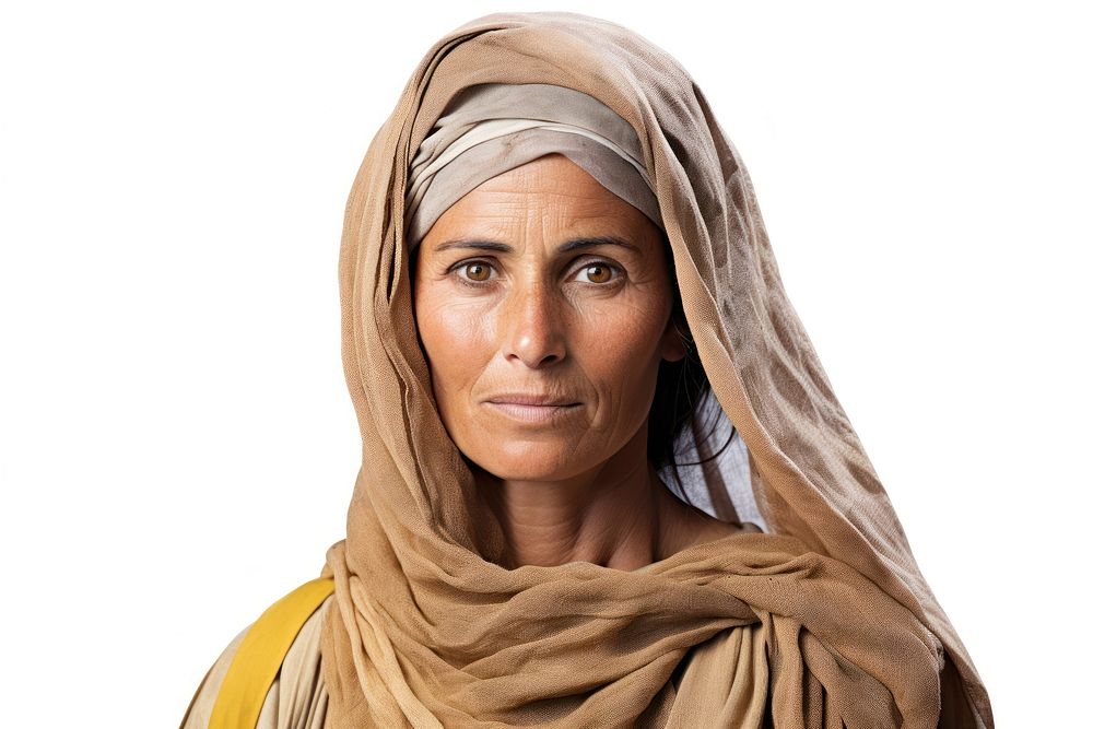 Oman woman middleaged portrait scarf white background.