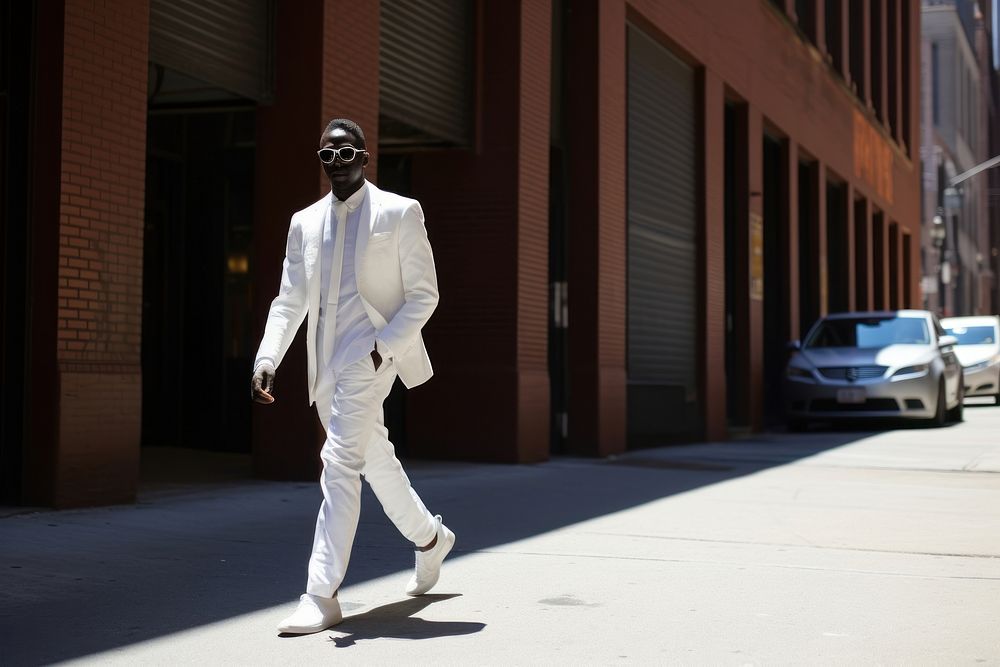 Black man full body in white costume walking in city street adult road.
