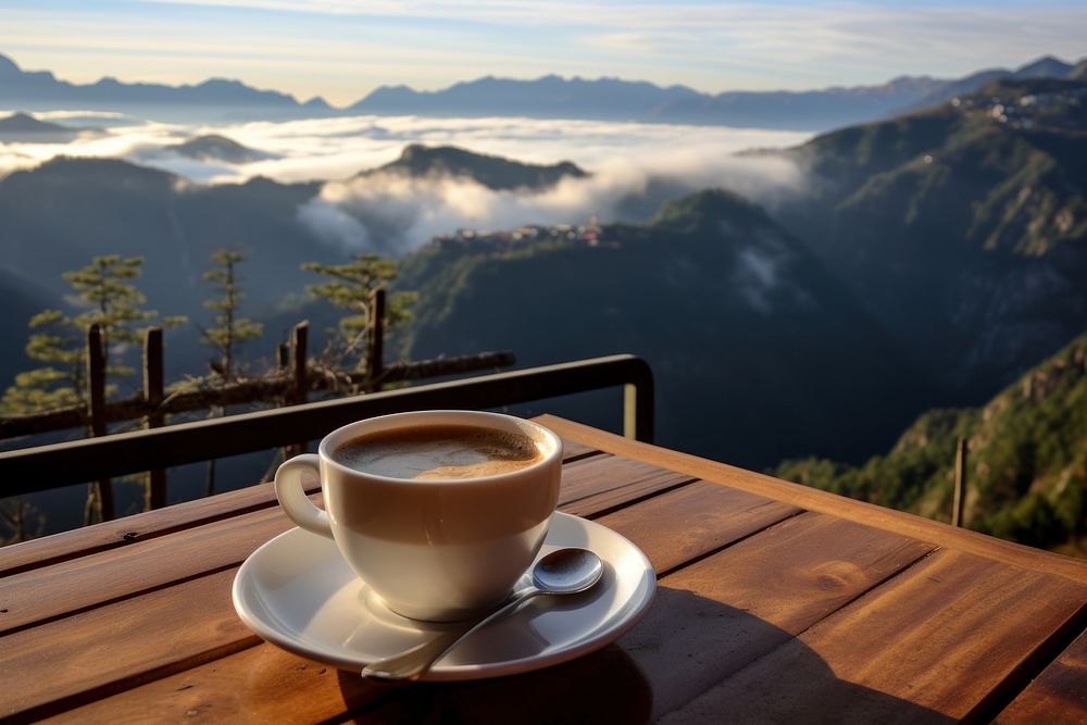 Coffee with view from mountain outdoors nature saucer.