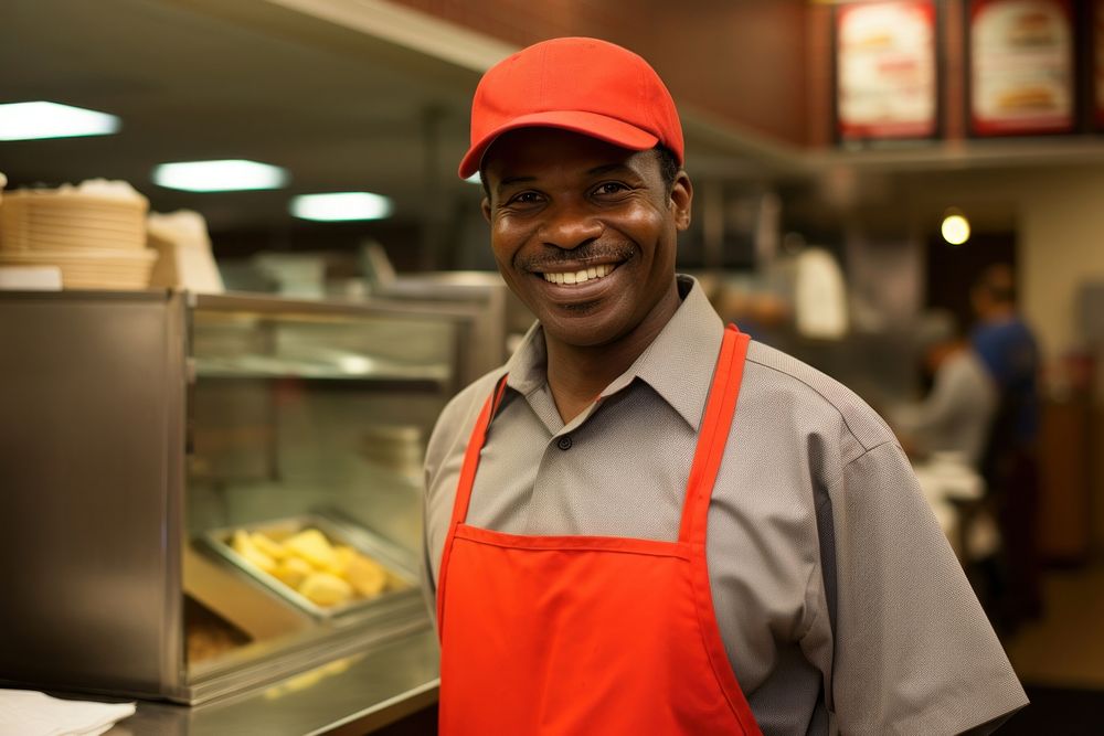 Fast food worker thumbs up adult entrepreneur restaurant.