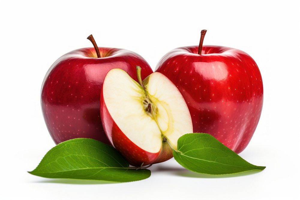 Three red apples cut fruit plant food.