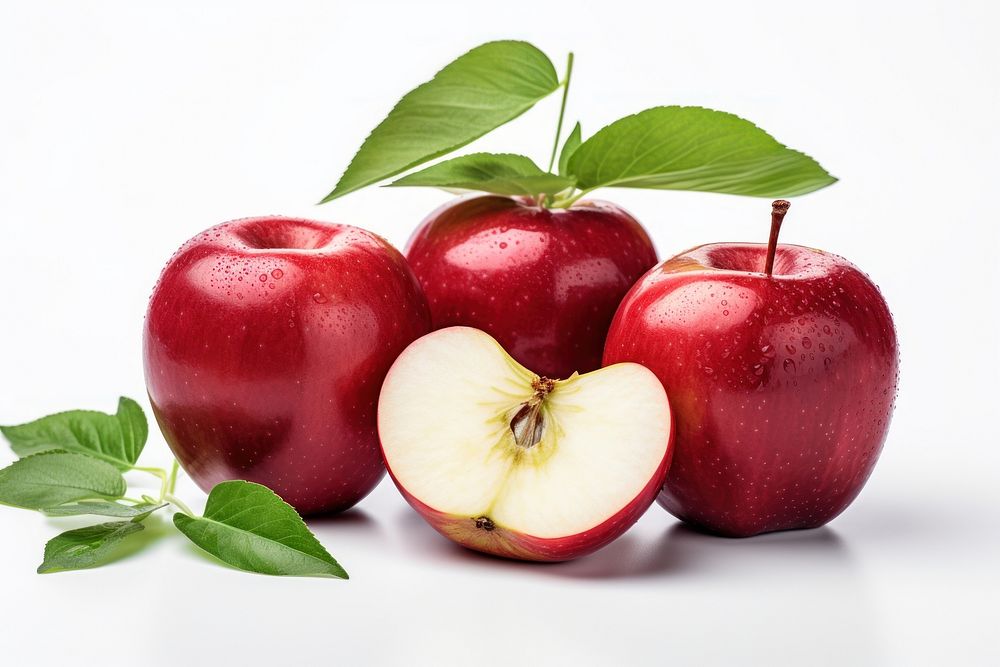 Three red apples cut fruit plant food.