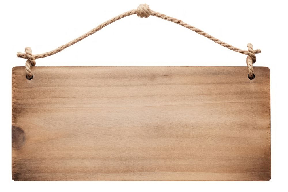 Wooden blank sign hanging from ropes white background textured material.