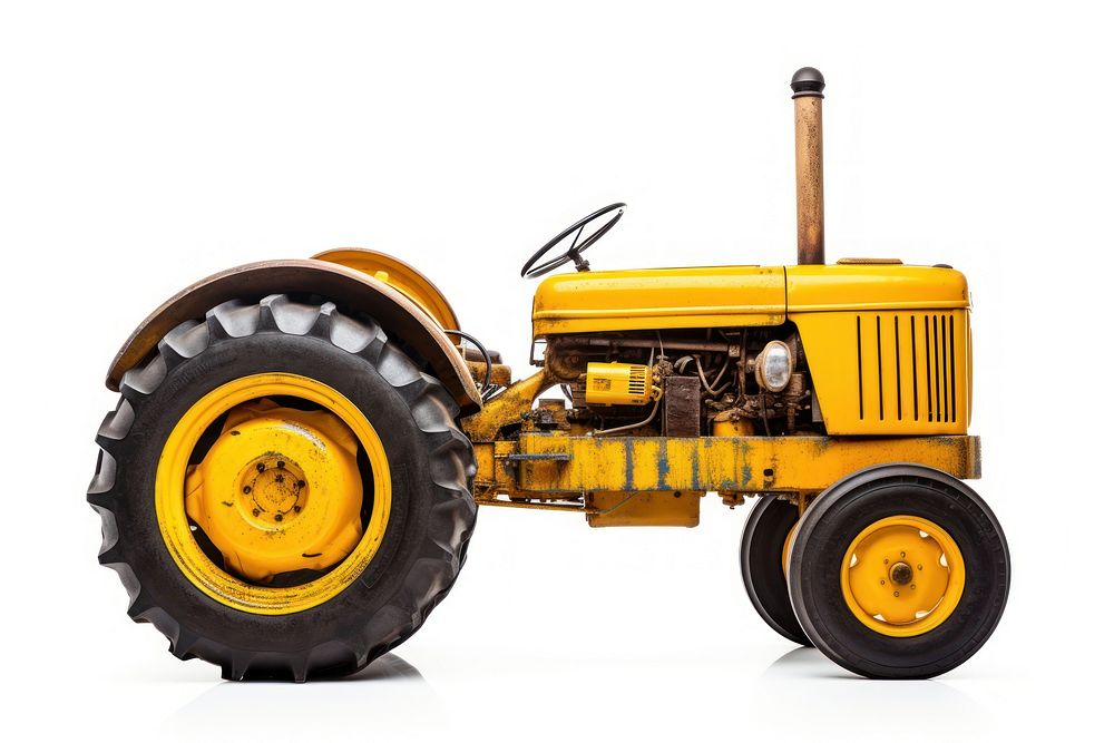 Yellow tractor vehicle wheel white background.