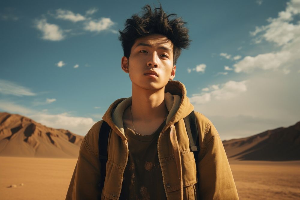 Young east asian man desert portrait outdoors.