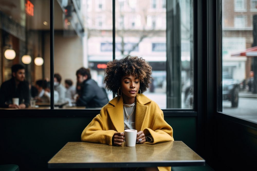 African american woman coffee sitting drink.