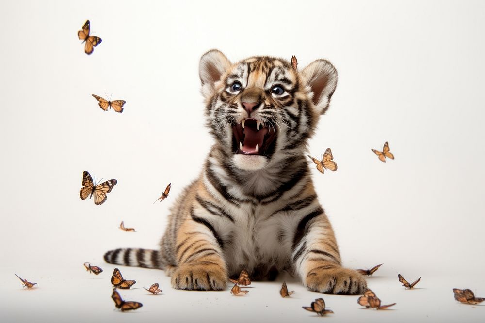 Baby tiger playing wildlife animal mammal.