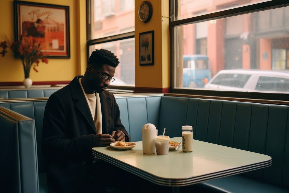 Black man sitting restaurant adult.