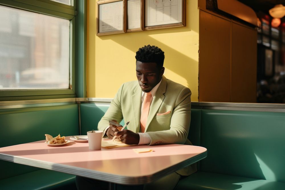 Black man sitting food table.