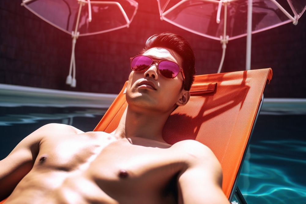 East asian men sunbathing sunglasses travel.
