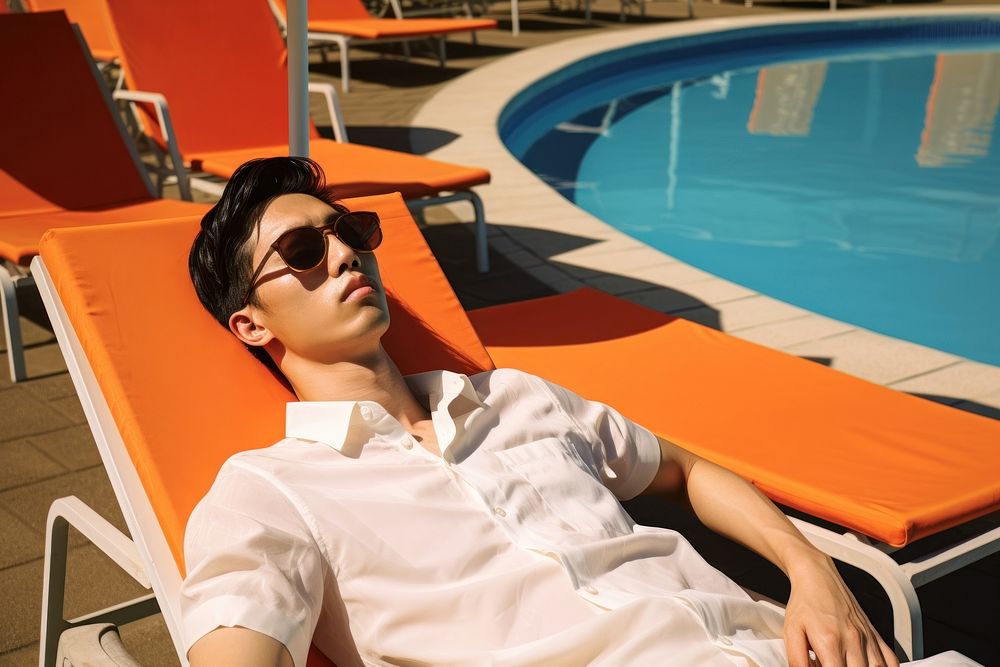 East asian men sunglasses sunbathing furniture.