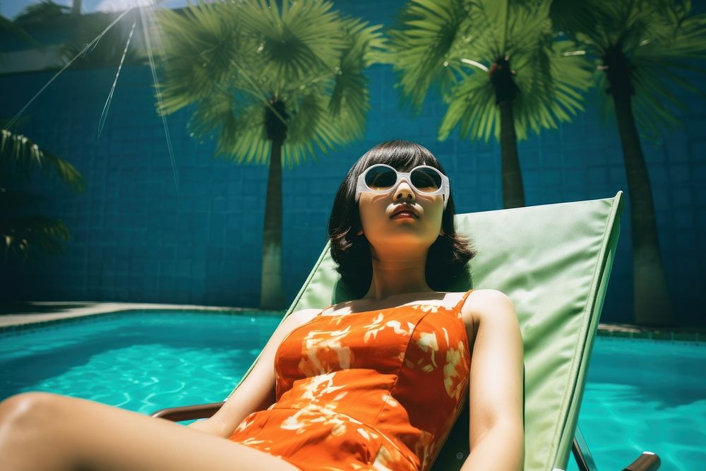 East asian woman summer sunbathing sunglasses.
