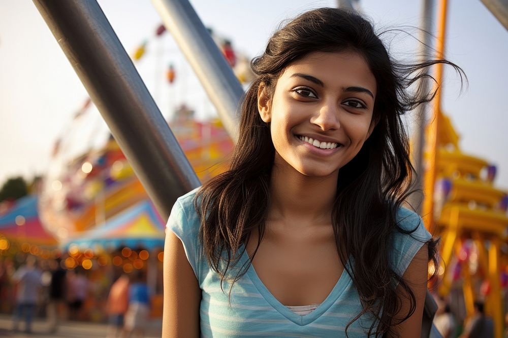 Indian teen age woman smile park fun.