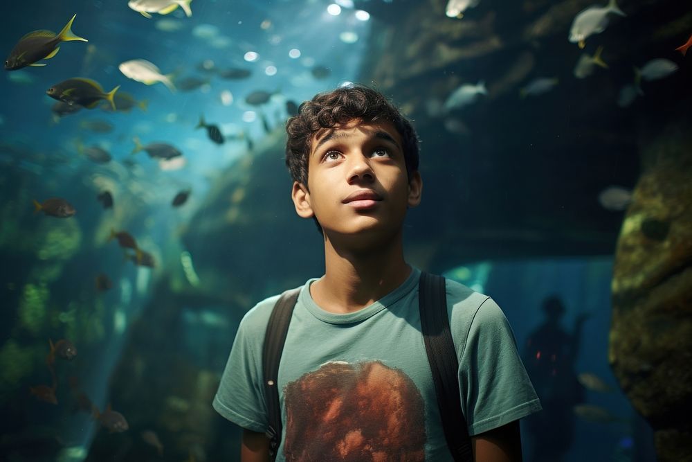 Indian teen age man aquarium portrait outdoors.
