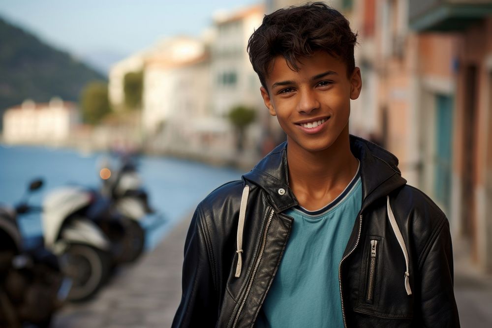 Indian teen age man jacket smile photo.