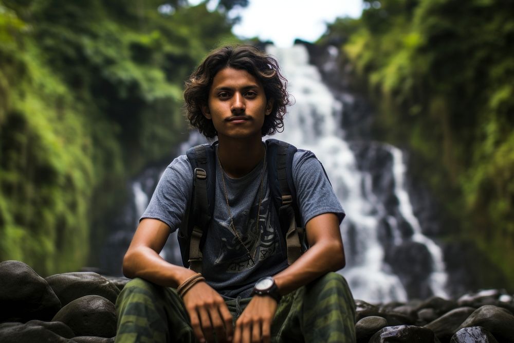 Indian teen age man waterfall portrait outdoors.