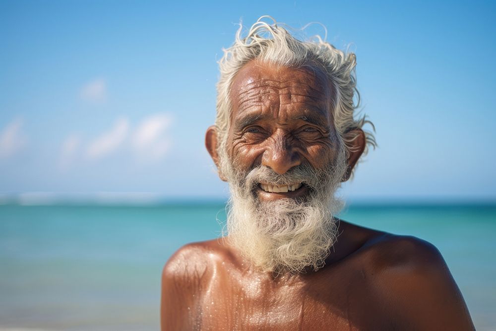 Indian senior man travel beach adult.