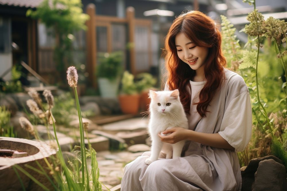Korean woman playing with a pet portrait sitting animal.