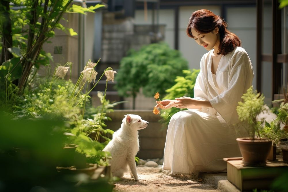 Korean woman playing with a pet outdoors sitting nature.
