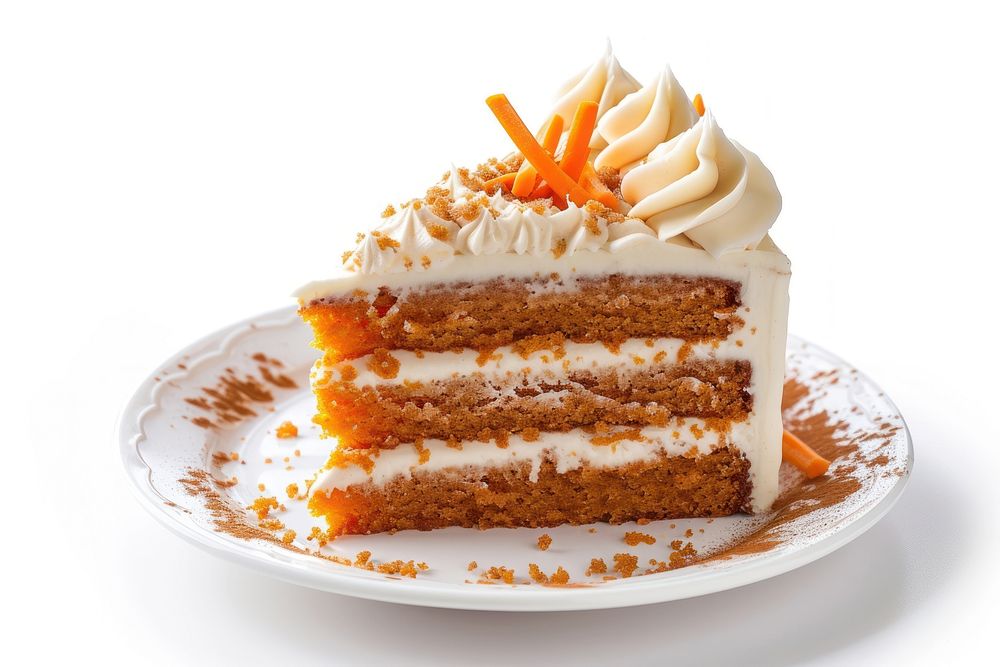 A piece of carrot cake on plate dessert cream food.