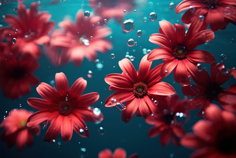  Red flowers underwater blossom nature. AI generated Image by rawpixel.