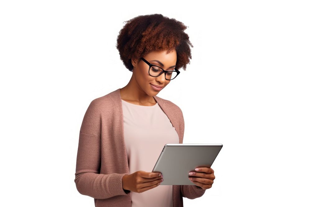 African american woman glasses computer portrait.