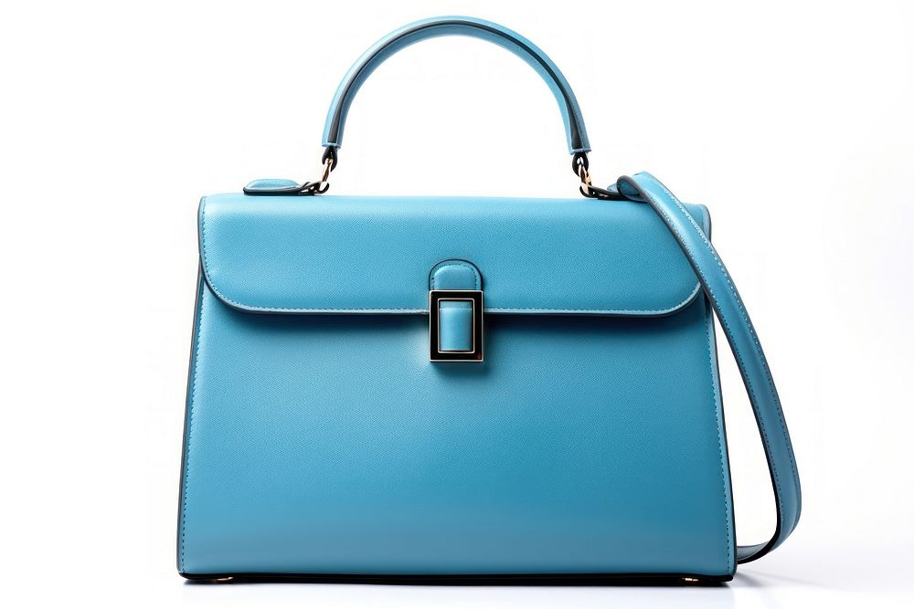 Blue leather women handbag briefcase purse white background.