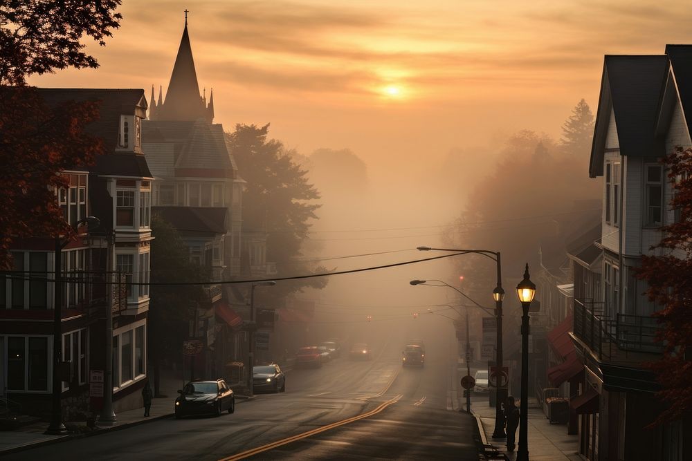 Foggy town architecture cityscape outdoors.