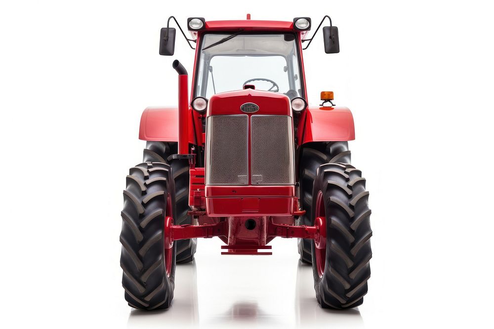 Modern red tractor vehicle wheel white background.