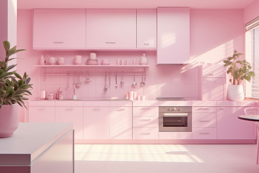 Pink kitchen appliance furniture cabinet. AI generated Image by rawpixel.