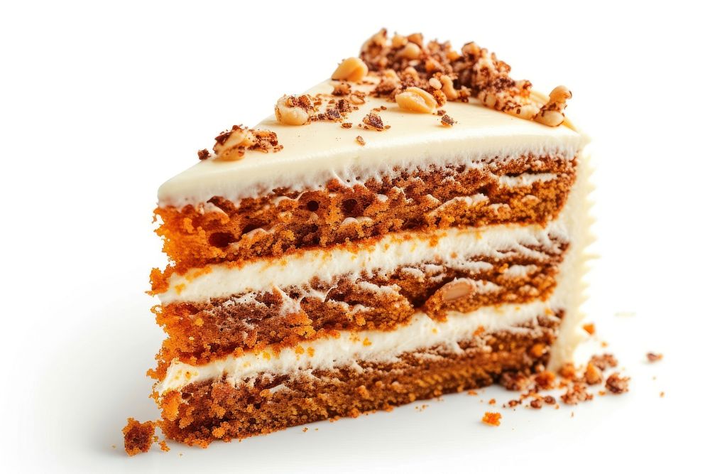 Piece of homemade carrot cake dessert food white background.